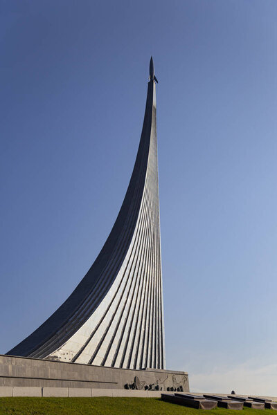 MOSCOW, RUSSIA - OCTOBER, 17 2019: Conquerors of Space Monument in the park outdoors of Cosmonautics museum, near VDNK exhibition center, Moscow, Russia        