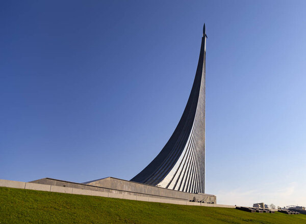 MOSCOW, RUSSIA - OCTOBER, 17 2019: Conquerors of Space Monument in the park outdoors of Cosmonautics museum, near VDNK exhibition center, Moscow, Russia        