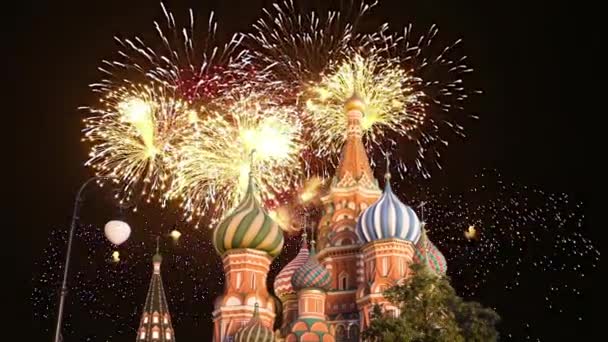 Temple Basil Blessed Fireworks Honor Victory Day Celebration Wwii Moscow — Stock Video