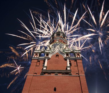 The Spasskaya Tower and fireworks in honor of Victory Day celebration (WWII),  Red Square, Moscow, Russia   