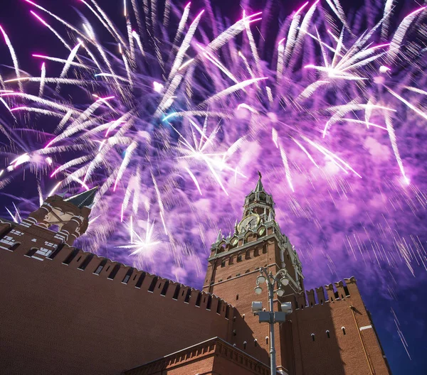 Spasskaya Tower Fireworks Honor Victory Day Celebration Wwii Red Square — ストック写真