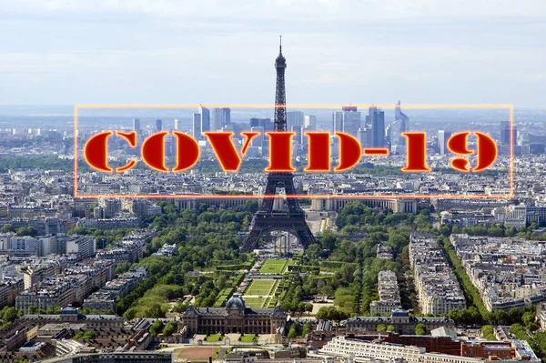 城市天际线 的科罗纳威斯 Covid 19在巴黎上空签了名Covid大流行病的概念和欧洲旅行 — 图库照片