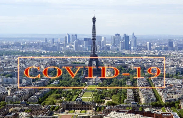 Coronavirus in Paris (city skyline), France. Covid-19 sign over Paris. Concept of COVID pandemic and travel in Europe