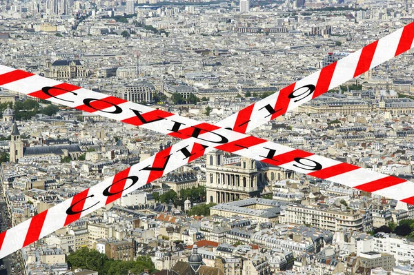 巴黎的科罗纳威斯 Covid 19标志 Covid大流行病的概念和在欧洲旅行 白天城市的天际线 — 图库照片