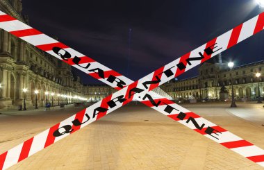 Paris, Fransa 'da Coronavirus. Karantina işareti. COVID salgını kavramı ve Avrupa 'da seyahat.   