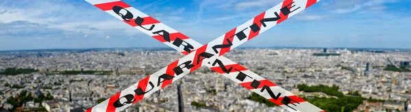 Coronavirus Paris City Skyline France Quarantine Sign Blurred Background Concept — Stock Photo, Image