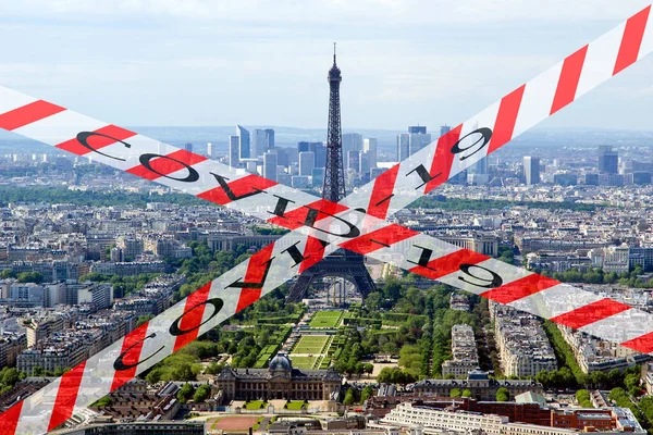 巴黎的科罗纳威斯 Covid 19标志 Covid大流行病的概念和在欧洲旅行 法国巴黎埃菲尔铁塔 — 图库照片