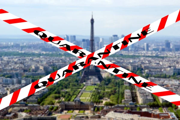 巴黎的科罗纳威斯 隔离标志在模糊的背景上 Covid大流行病的概念和在欧洲旅行 埃菲尔铁塔 — 图库照片
