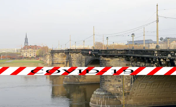 Coronavirus Dresden Germany View Bridge Elbe River Covid Sign Concept — Stock Photo, Image