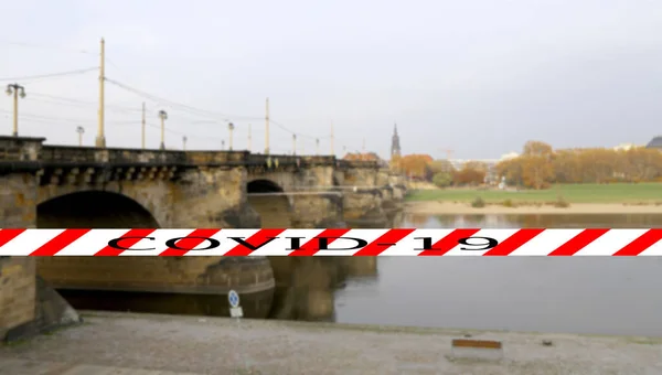 Coronavirus Dresden Germany View Bridge Elbe River Covid Sign Blurred — Stock Photo, Image