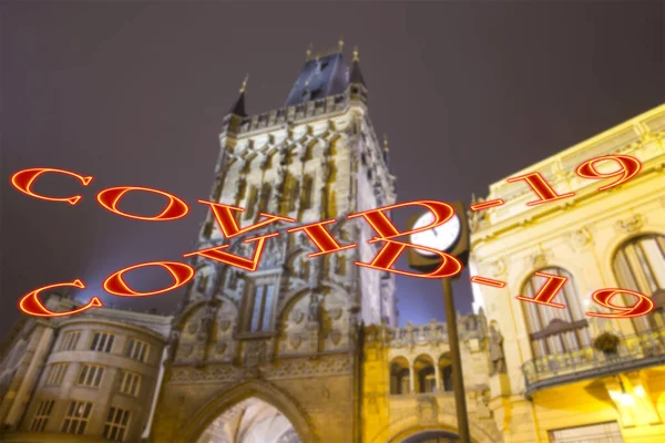 Coronavirus Prague Czech Republic Powder Tower Gate Evening Covid Sign — Stock Photo, Image