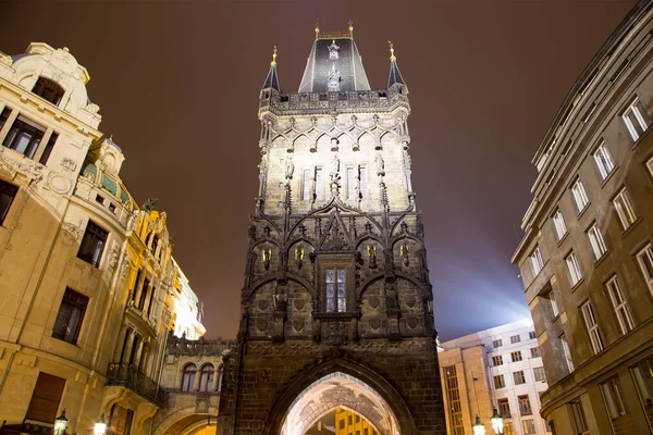 Torre Polvo Puerta Por Noche Praga República Checa Uno Los — Foto de Stock