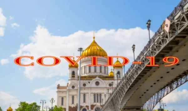Coronavirus Moskva Ryssland Kristus Frälsarens Katedral Dag Covid Tecken Suddig — Stockfoto