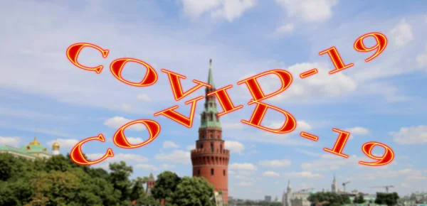 Koronavírus Moszkvában Oroszországban Kilátás Kreml Nap Covid Jel Homályos Háttérrel — Stock Fotó