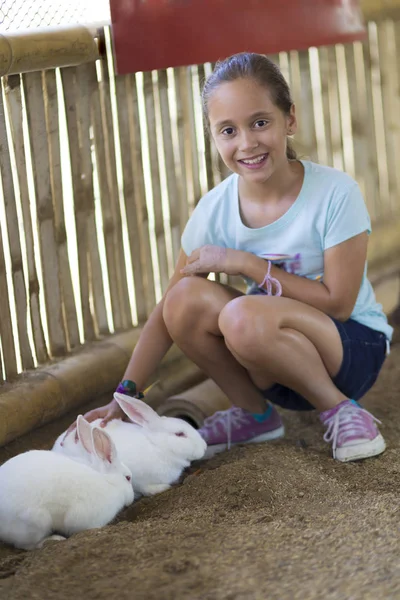 Menina feliz brincando com coelho — Fotografia de Stock