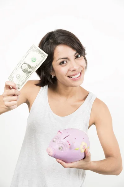 Boldog Asszony Tartja Piggy Bank Megtakarítás — Stock Fotó