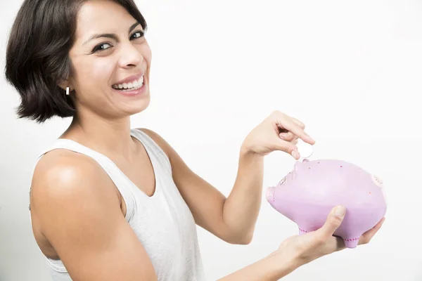Mujer Feliz Sosteniendo Una Alcancía Con Ahorro — Foto de Stock