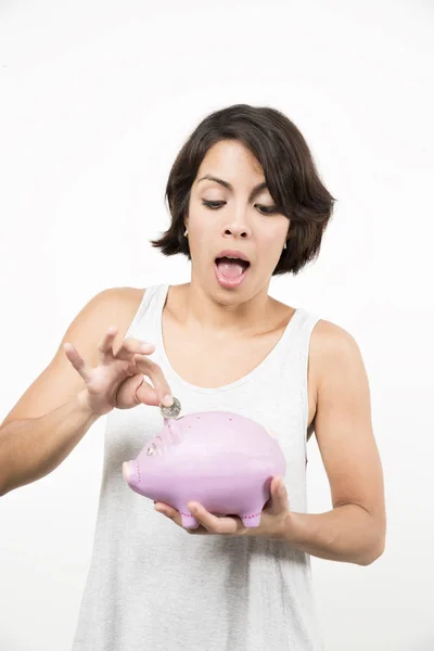 Mujer Feliz Sosteniendo Una Alcancía Con Ahorro — Foto de Stock