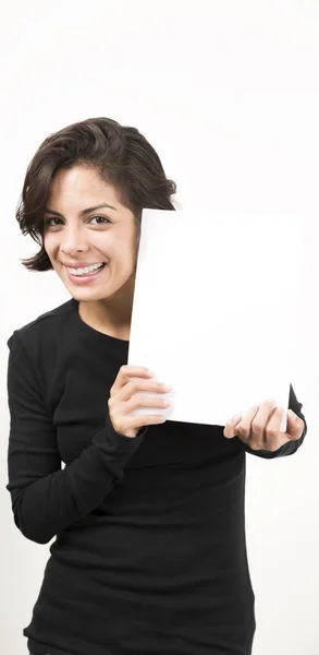 Beautiful Young Woman Holding Blank Sheet Paper Space Your Text — Stock Photo, Image