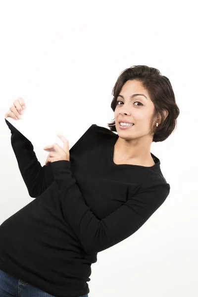 Mooie Jonge Vrouw Die Houdt Van Een Leeg Vel Papier — Stockfoto