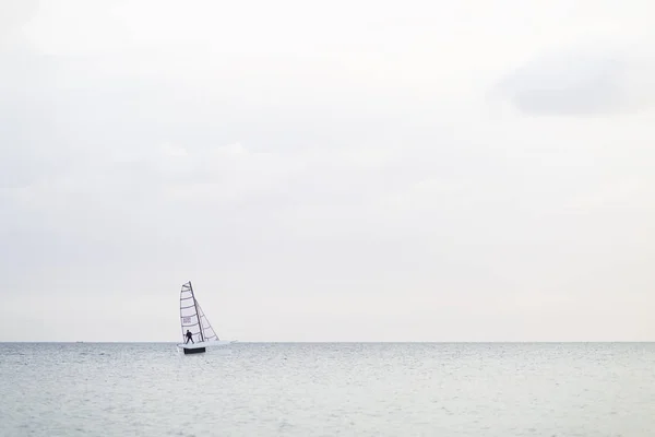 Happy man sailing catamaran in beautiful sunset