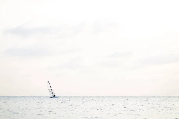 Happy man sailing catamaran in beautiful sunset