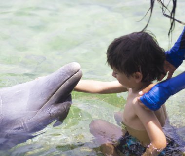 Tatil yaşam tarzı-mutlu çocuk bir yunus sarılma