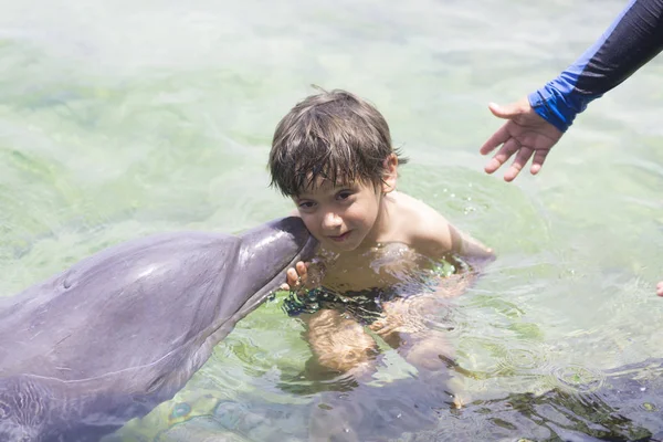 Tatil yaşam tarzı-mutlu çocuk bir yunus sarılma
