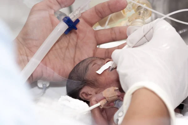 Recién nacido y mano — Foto de Stock