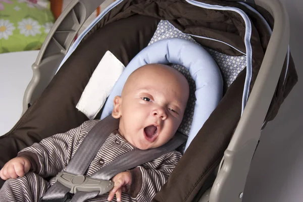 Portrait Yawning Baby Boy Safety Seat — Stock Photo, Image
