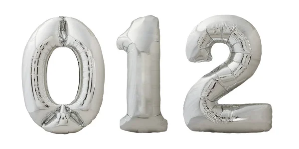 Chrome inflatable balloons number 0, 1, 2 on white — стоковое фото