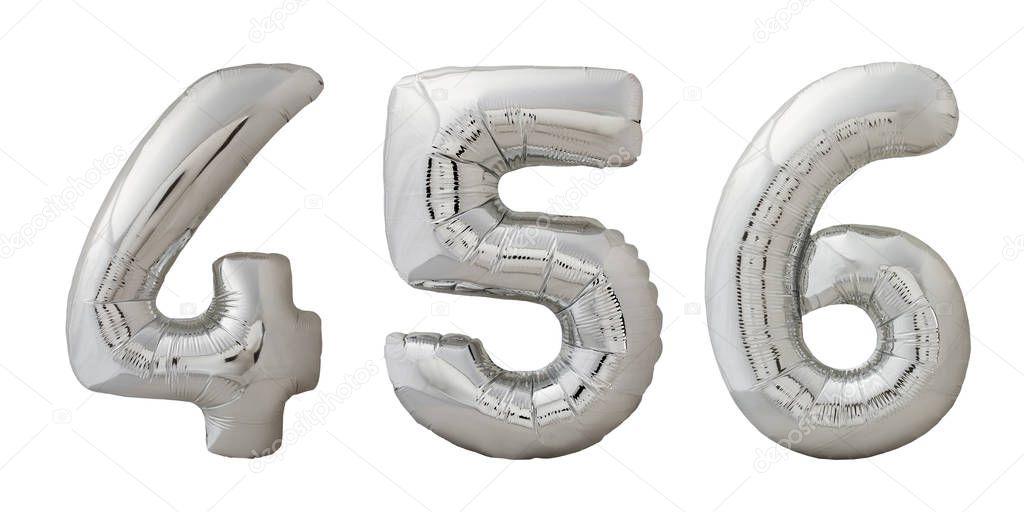 Chrome inflatable balloons numbers 4, 5, 6 on white