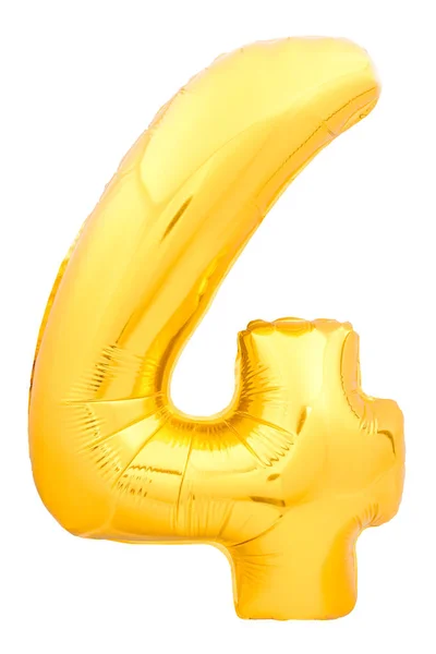 Número dourado 4 feito de balão inflável isolado no fundo branco — Fotografia de Stock