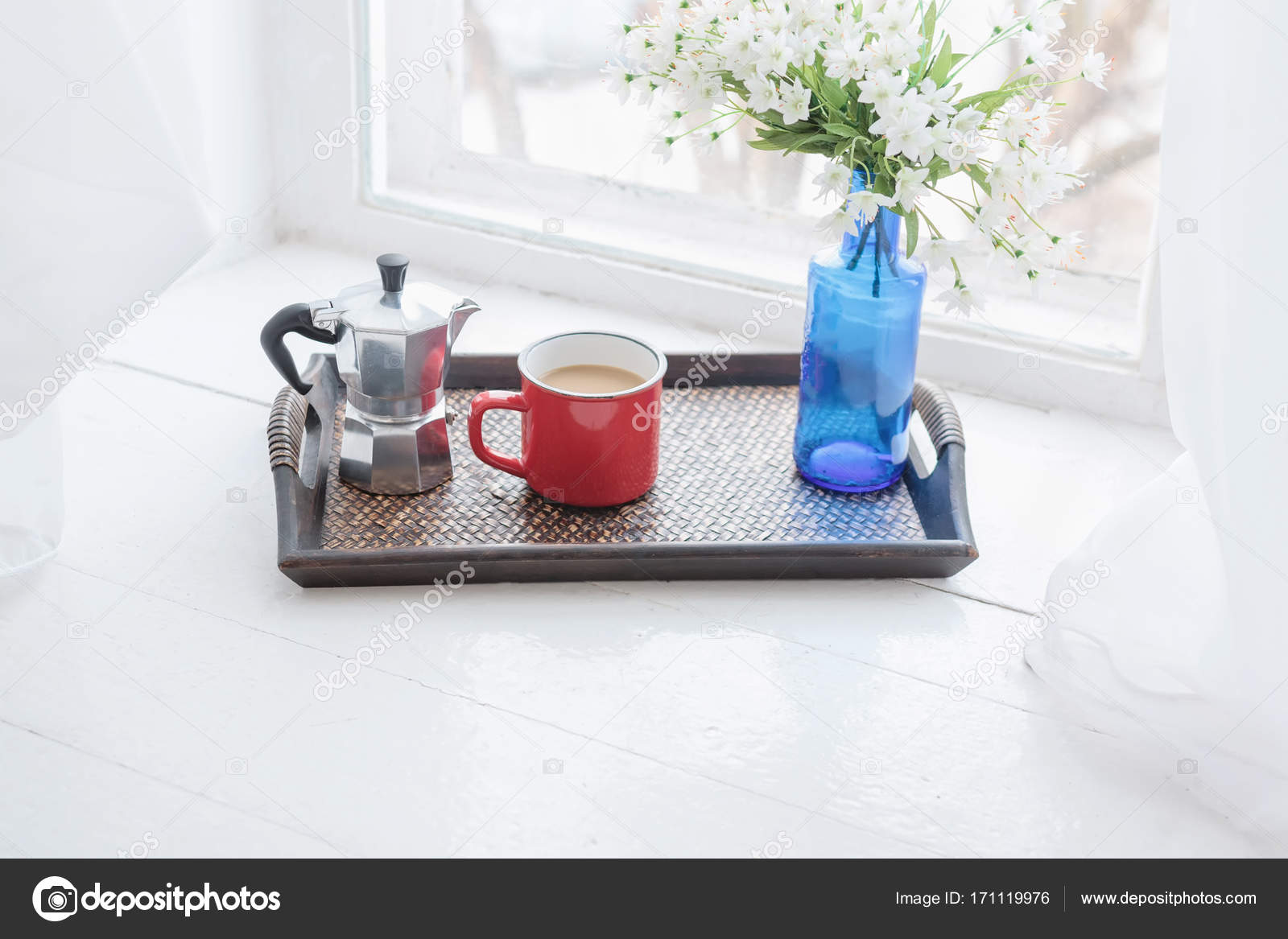 Morning Coffee Wooden Tray On Windowsill Stock Photo C Dmitry