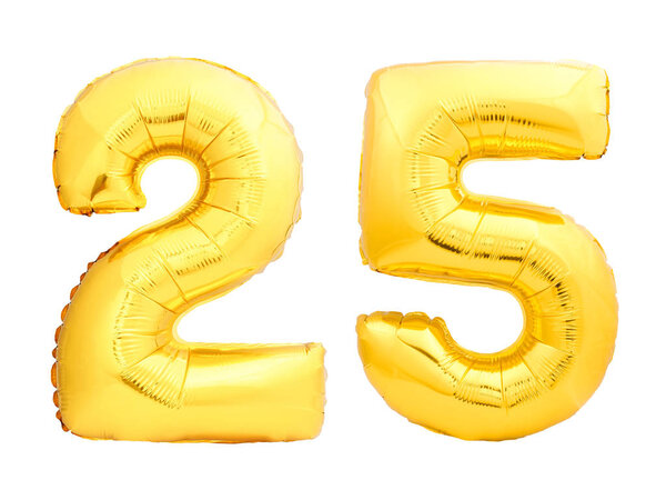 Golden number 25 of inflatable balloons
