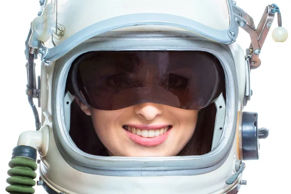 Mulher usando capacete piloto espacial — Fotografia de Stock