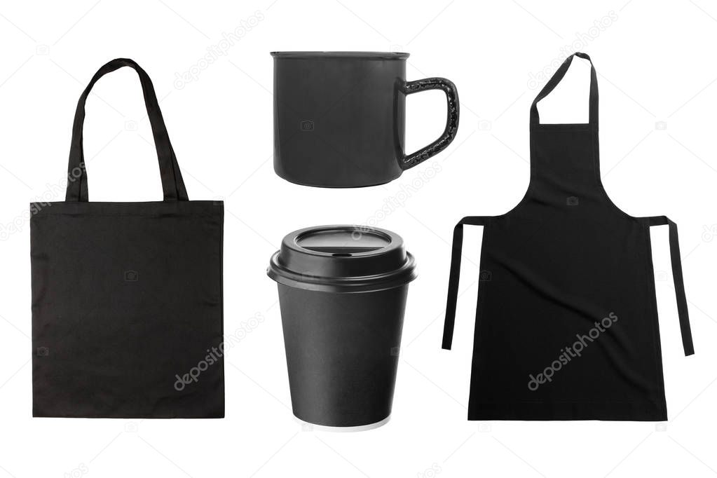Black apron and kitchen utensils