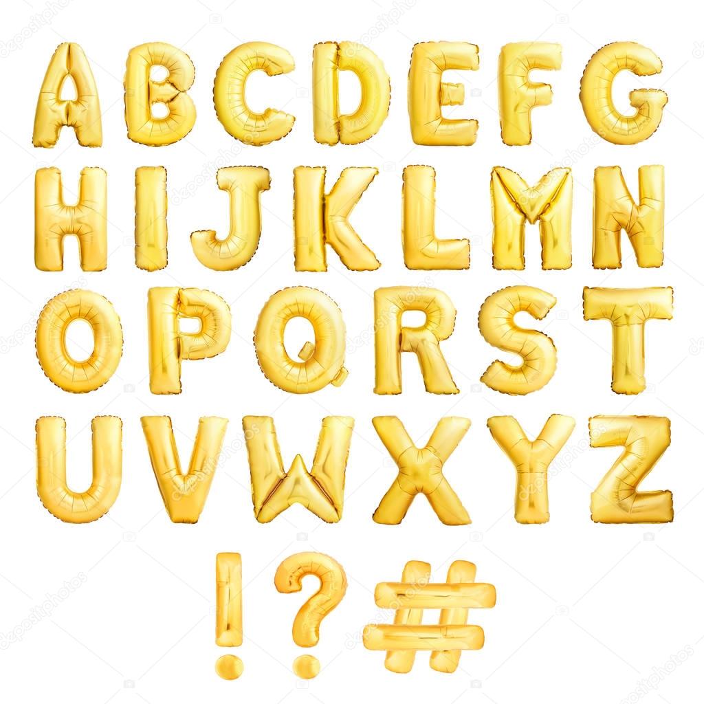 Full alphabet of golden inflatable balloons
