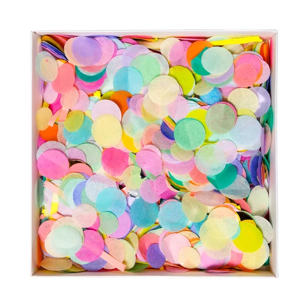 Open box with colorful confetti — Stock Photo, Image