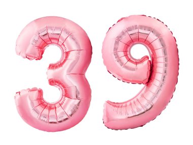 39 numara, beyaz arka planda izole edilmiş gül altından şişirilebilir balonlardan yapılmış 39 numara. Pembe helyum balonları 39 39 tane.