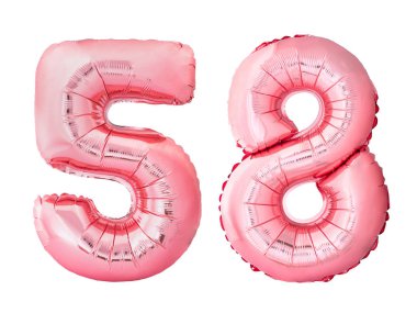 58 numara, beyaz arka planda izole edilmiş gül sarısı şişirilebilir balonlardan yapılmış.