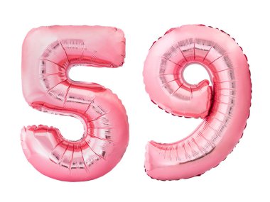 59 numara, beyaz arka planda izole edilmiş gül altından şişirilebilir balonlardan yapılmış 59 numara.