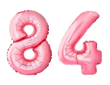 84 numara 84 numara, beyaz arka planda izole edilmiş gül sarısı şişirilebilir balon.