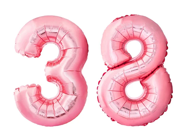Número 38 treinta y ocho hecho de globos inflables de oro rosa aislados sobre fondo blanco. Globos de helio rosa formando 38 treinta y ocho — Foto de Stock