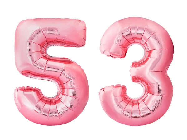 Número 53 cincuenta y tres hecho de globos inflables de oro rosa aislados sobre fondo blanco — Foto de Stock