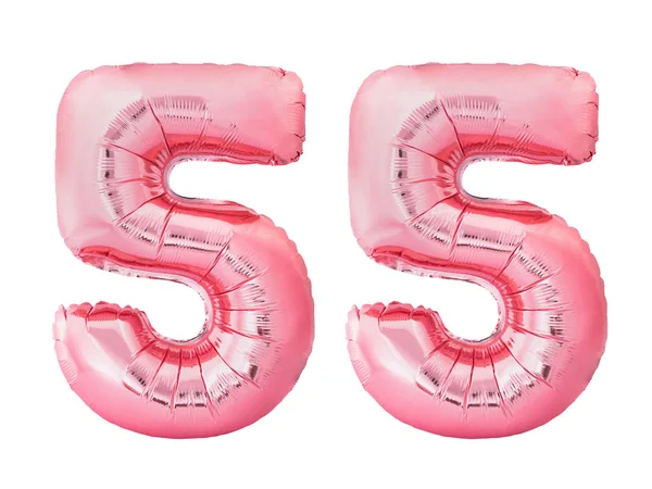 Número 55 cincuenta y cinco hecho de globos inflables de oro rosa aislados sobre fondo blanco — Foto de Stock