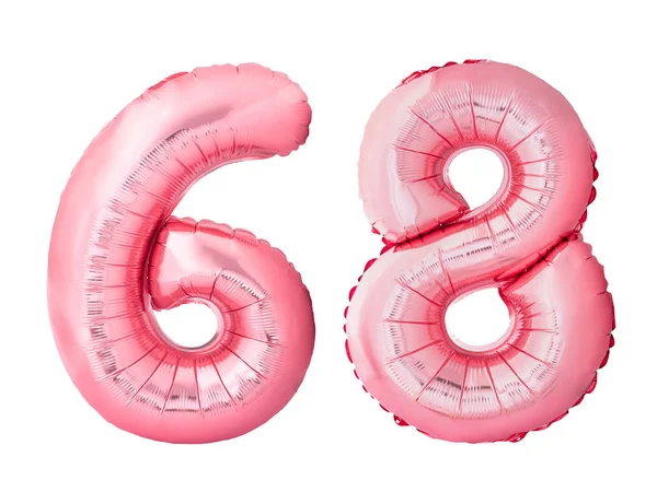 Numer 68 sześćdziesiąt osiem wykonane z różowego złota balony nadmuchiwane izolowane na białym tle — Zdjęcie stockowe