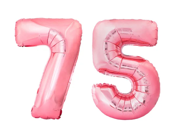 Número 75 setenta e cinco de ouro rosa balões infláveis isolados no fundo branco — Fotografia de Stock