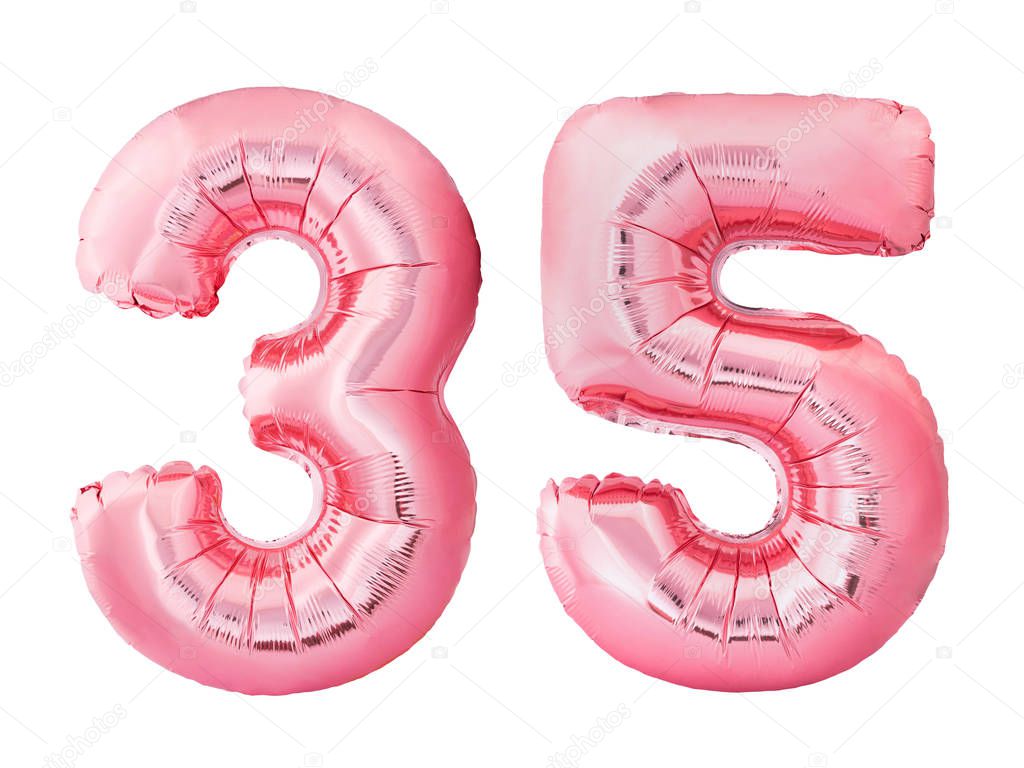 Number 35 thirty five made of rose gold inflatable balloons isolated on white background. Pink helium balloons forming 35 thirty five