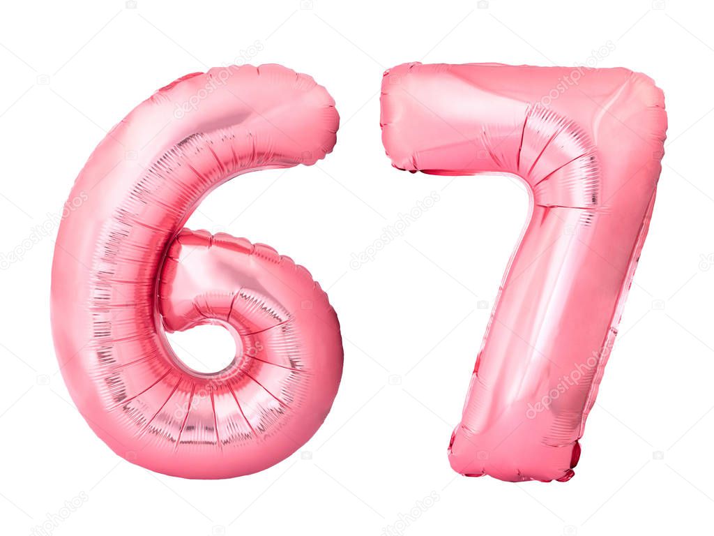 Number 67 sixty seven made of rose gold inflatable balloons isolated on white background